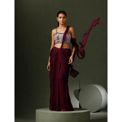 "Two Sisters" by Gyans Wine Pearl Draped Saree with Stitched Blouse