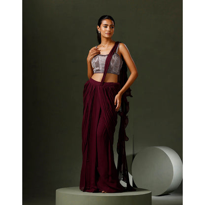 "Two Sisters" by Gyans Wine Pearl Draped Saree with Stitched Blouse