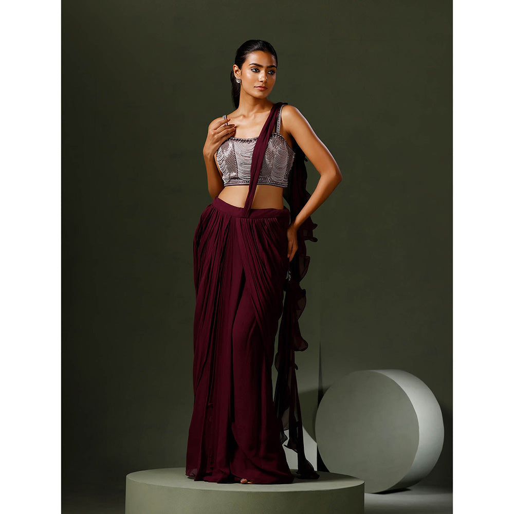 "Two Sisters" by Gyans Wine Pearl Draped Saree with Stitched Blouse