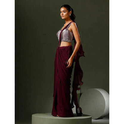 "Two Sisters" by Gyans Wine Pearl Draped Saree with Stitched Blouse