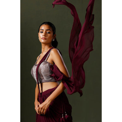 "Two Sisters" by Gyans Wine Pearl Draped Saree with Stitched Blouse