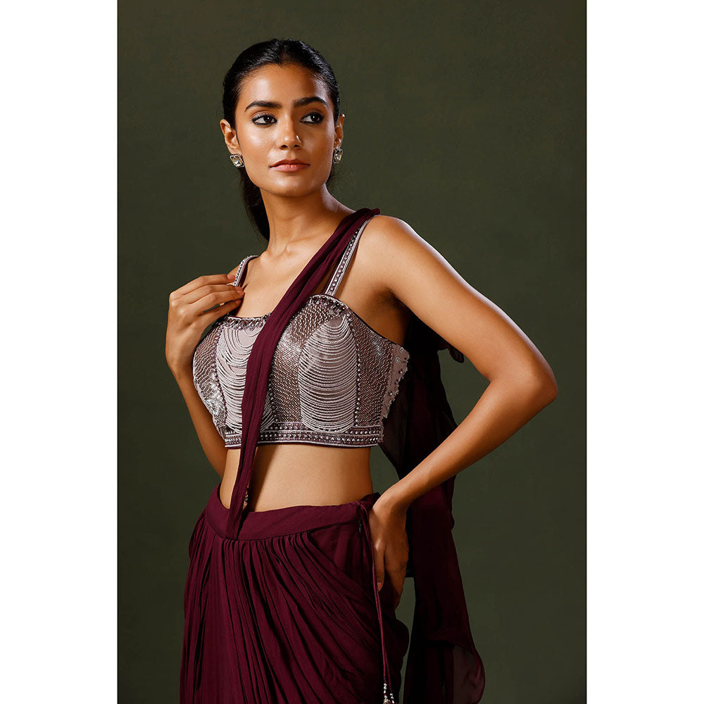 "Two Sisters" by Gyans Wine Pearl Draped Saree with Stitched Blouse
