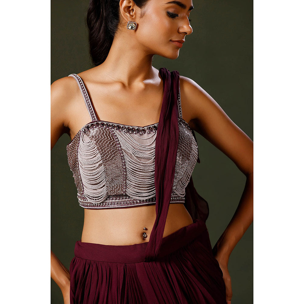 "Two Sisters" by Gyans Wine Pearl Draped Saree with Stitched Blouse