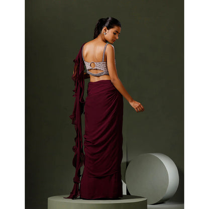 "Two Sisters" by Gyans Wine Pearl Draped Saree with Stitched Blouse