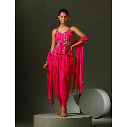 "Two Sisters" by Gyans Hot Pink Peplum Top with Dhoti and Dupatta (Set of 3)