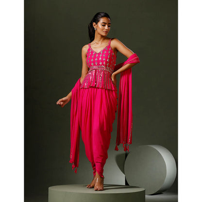 "Two Sisters" by Gyans Hot Pink Peplum Top with Dhoti and Dupatta (Set of 3)