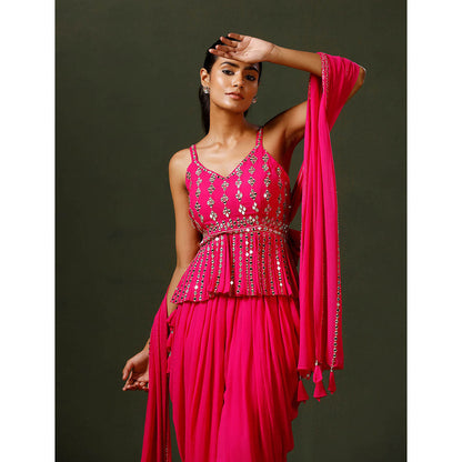 "Two Sisters" by Gyans Hot Pink Peplum Top with Dhoti and Dupatta (Set of 3)