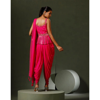 "Two Sisters" by Gyans Hot Pink Peplum Top with Dhoti and Dupatta (Set of 3)