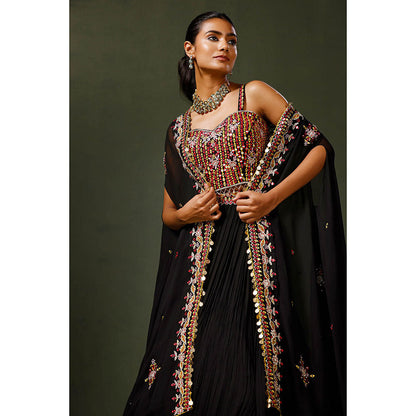 "Two Sisters" by Gyans Black Sheesha Lehenga with Blouse and Dupatta (Set of 3)