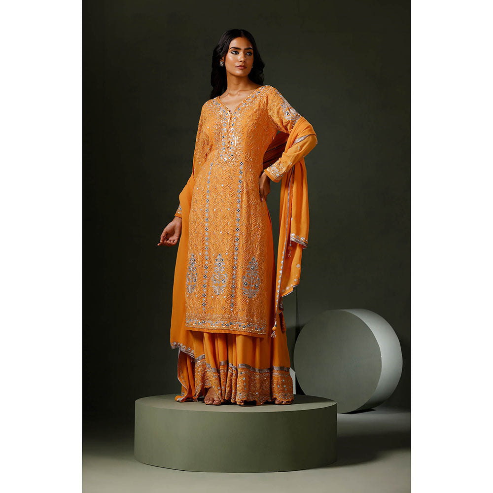"Two Sisters" by Gyans Burnt Orange Sharara with Kurta and Dupatta (Set of 3)