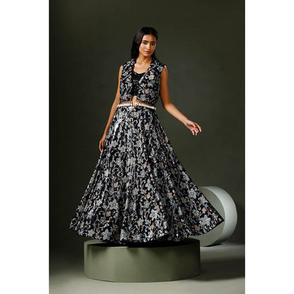 "Two Sisters" by Gyans Black Lehenga with Blouse and Jacket (Set of 3)