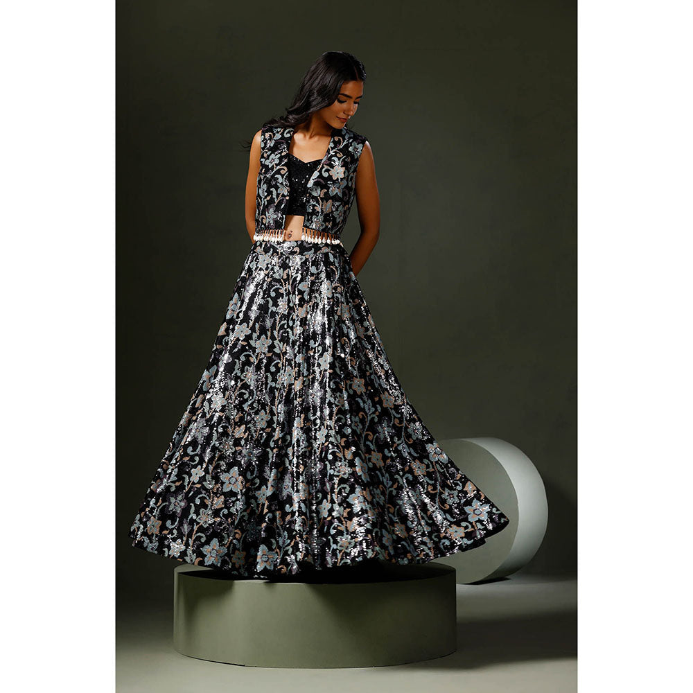 "Two Sisters" by Gyans Black Lehenga with Blouse and Jacket (Set of 3)
