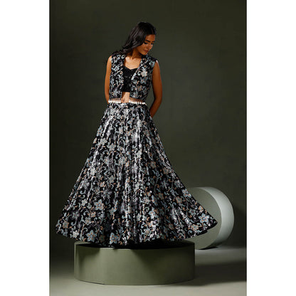 "Two Sisters" by Gyans Black Lehenga with Blouse and Jacket (Set of 3)