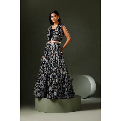 "Two Sisters" by Gyans Black Lehenga with Blouse and Jacket (Set of 3)