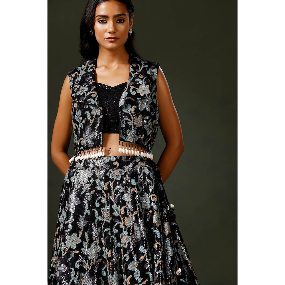 "Two Sisters" by Gyans Black Lehenga with Blouse and Jacket (Set of 3)