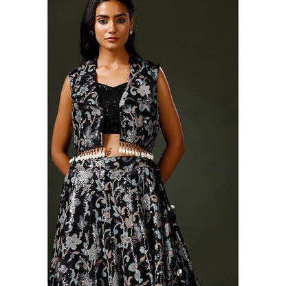 "Two Sisters" by Gyans Black Lehenga with Blouse and Jacket (Set of 3)