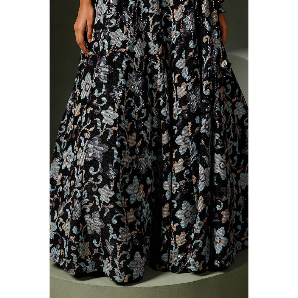 "Two Sisters" by Gyans Black Lehenga with Blouse and Jacket (Set of 3)