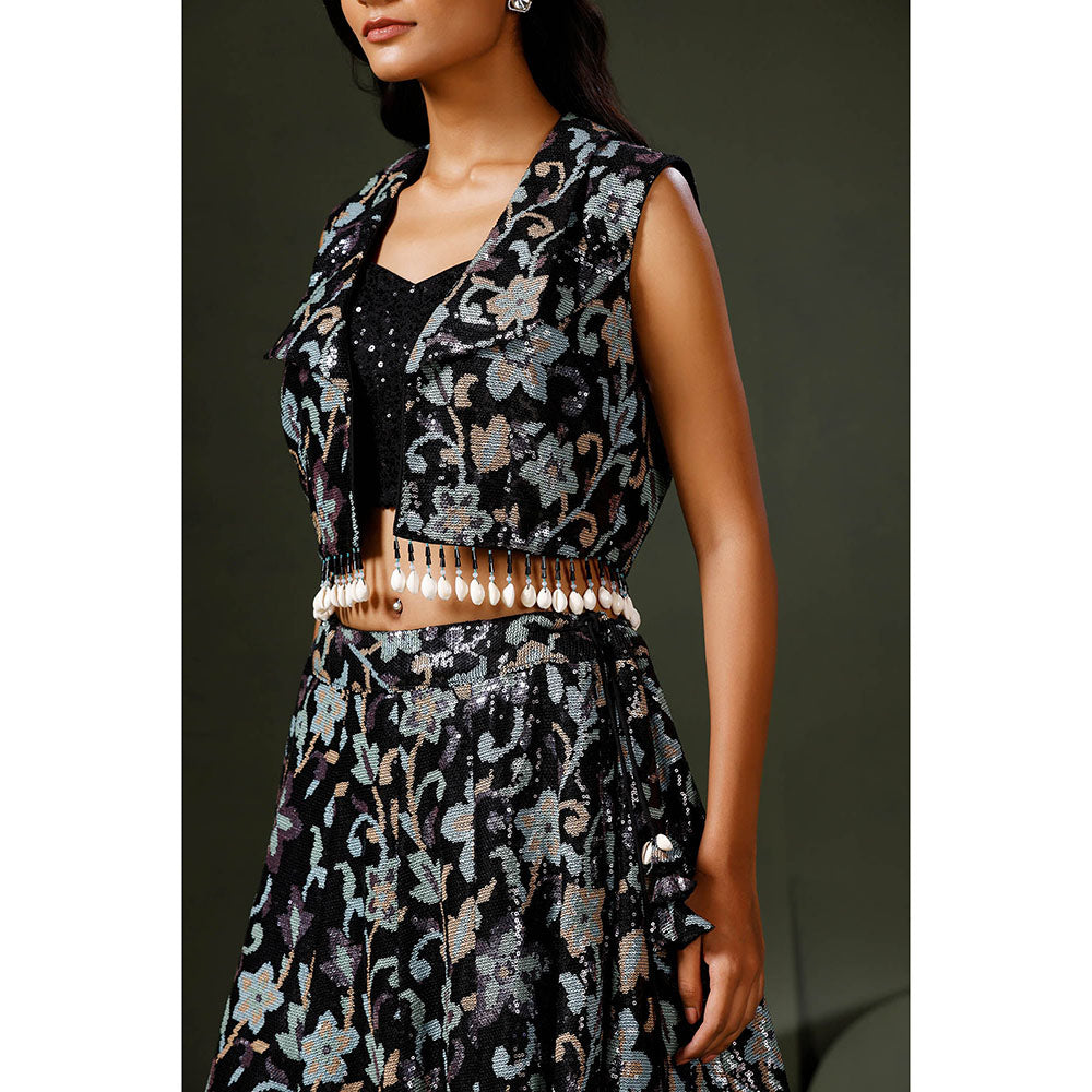 "Two Sisters" by Gyans Black Lehenga with Blouse and Jacket (Set of 3)