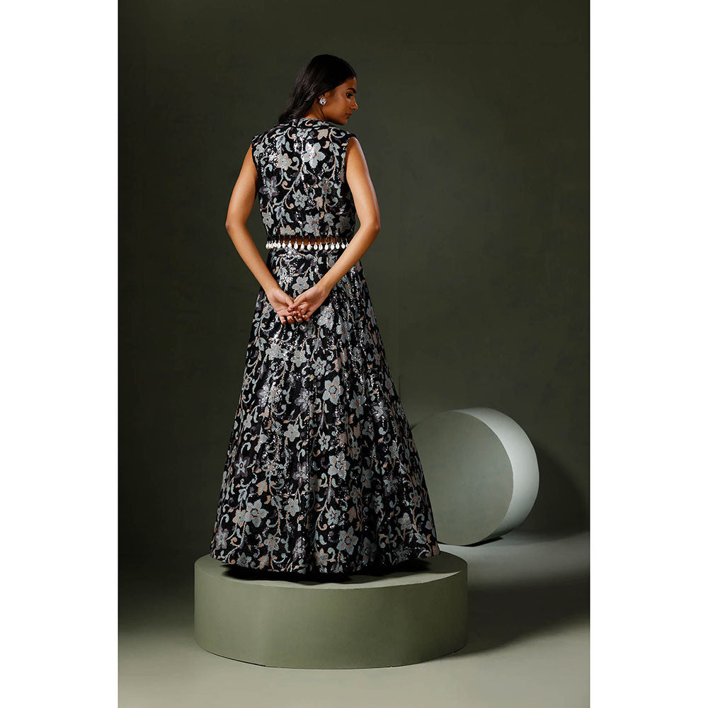 "Two Sisters" by Gyans Black Lehenga with Blouse and Jacket (Set of 3)