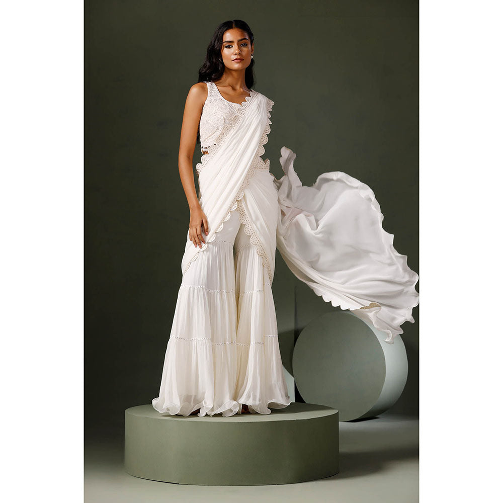"Two Sisters" by Gyans White Crystal Garara Saree with Stitched Blouse