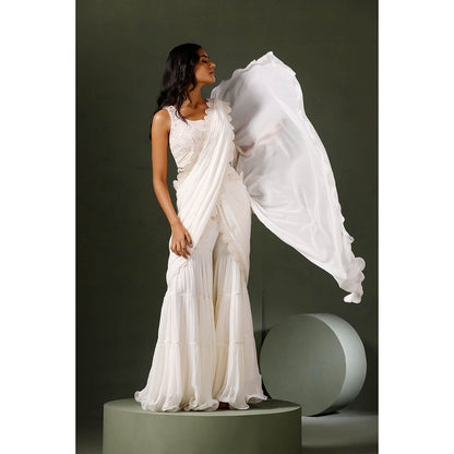 "Two Sisters" by Gyans White Crystal Garara Saree with Stitched Blouse