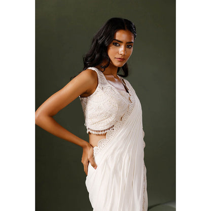 "Two Sisters" by Gyans White Crystal Garara Saree with Stitched Blouse