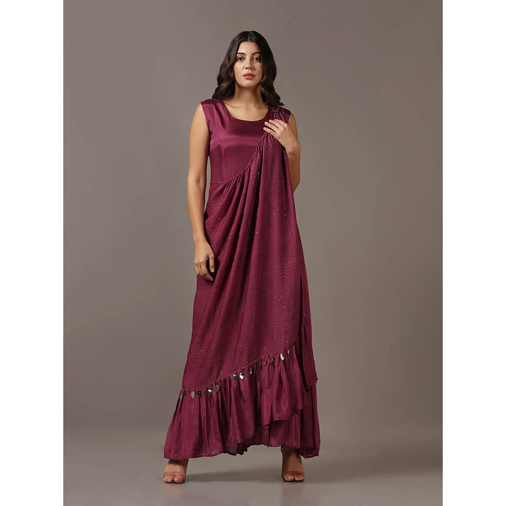 "Two Sisters" by Gyans Wine Dress with One Shoulder Drape Cape (Set of 2)