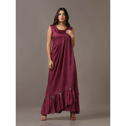 "Two Sisters" by Gyans Wine Dress with One Shoulder Drape Cape (Set of 2)