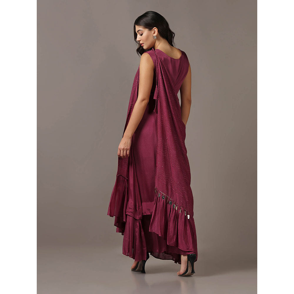 "Two Sisters" by Gyans Wine Dress with One Shoulder Drape Cape (Set of 2)