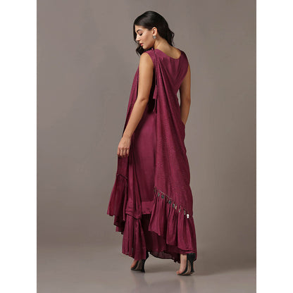"Two Sisters" by Gyans Wine Dress with One Shoulder Drape Cape (Set of 2)