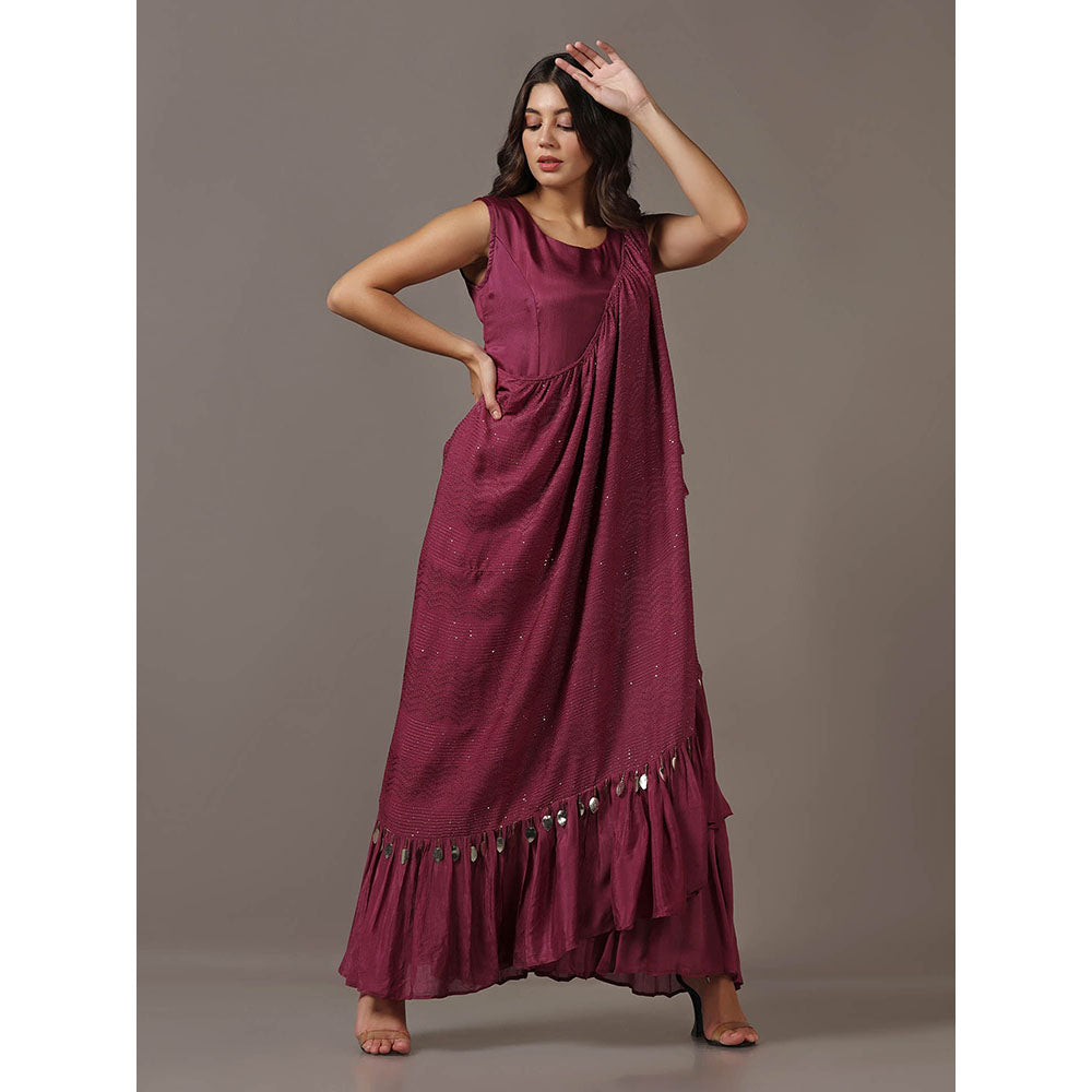 "Two Sisters" by Gyans Wine Dress with One Shoulder Drape Cape (Set of 2)
