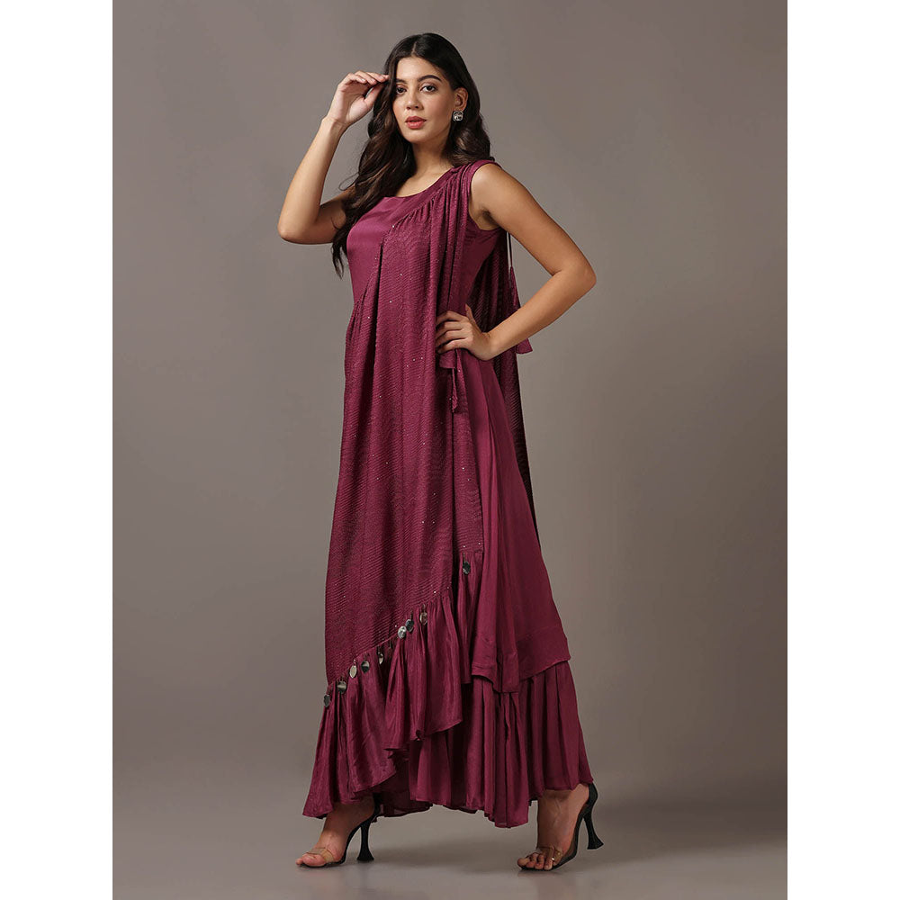 "Two Sisters" by Gyans Wine Dress with One Shoulder Drape Cape (Set of 2)