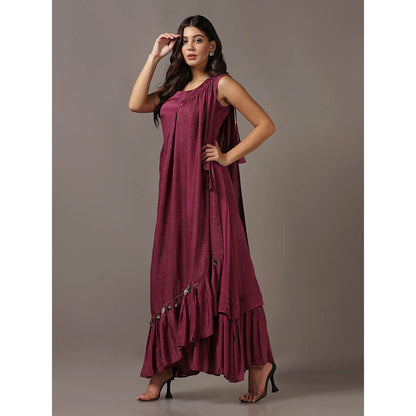 "Two Sisters" by Gyans Wine Dress with One Shoulder Drape Cape (Set of 2)