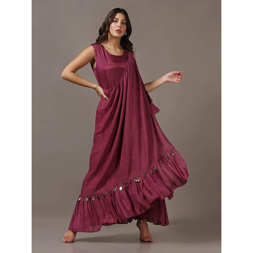 "Two Sisters" by Gyans Wine Dress with One Shoulder Drape Cape (Set of 2)