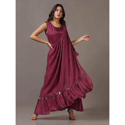 "Two Sisters" by Gyans Wine Dress with One Shoulder Drape Cape (Set of 2)