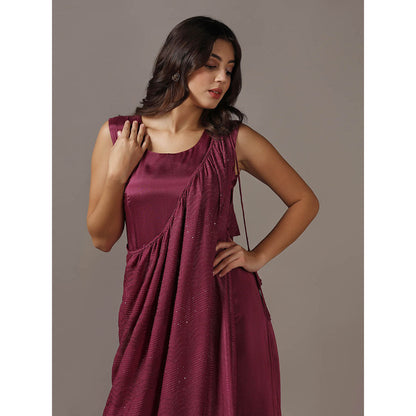 "Two Sisters" by Gyans Wine Dress with One Shoulder Drape Cape (Set of 2)