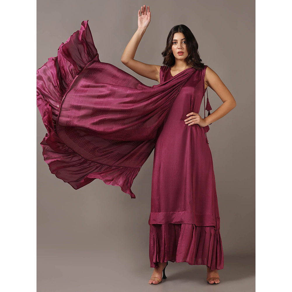 "Two Sisters" by Gyans Wine Dress with One Shoulder Drape Cape (Set of 2)