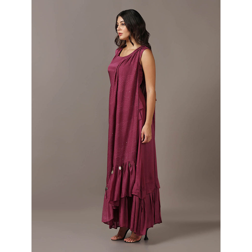"Two Sisters" by Gyans Wine Dress with One Shoulder Drape Cape (Set of 2)
