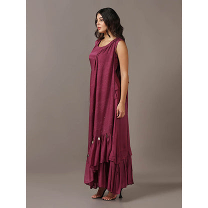 "Two Sisters" by Gyans Wine Dress with One Shoulder Drape Cape (Set of 2)