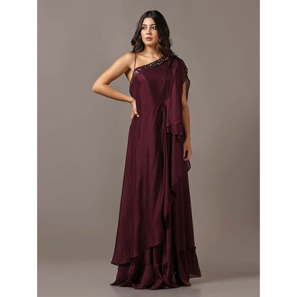 "Two Sisters" by Gyans Wine One Shoulder Drape Gown
