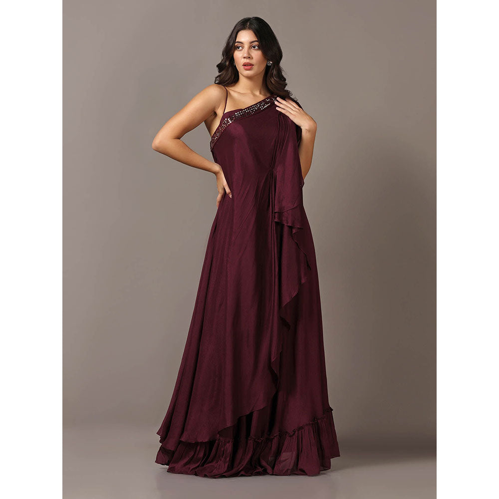 "Two Sisters" by Gyans Wine One Shoulder Drape Gown