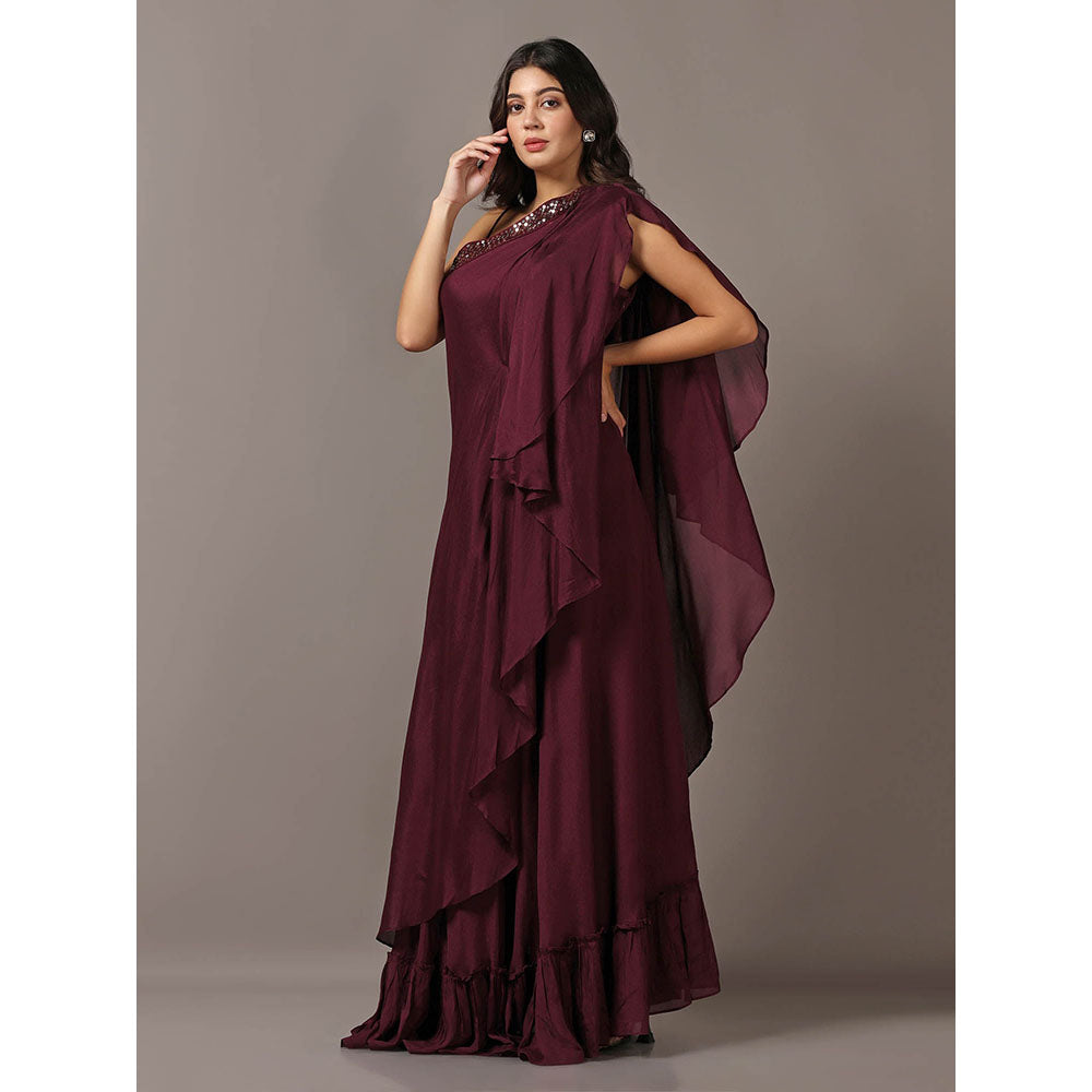 "Two Sisters" by Gyans Wine One Shoulder Drape Gown