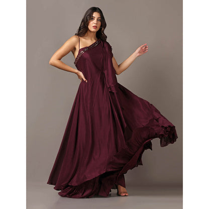 "Two Sisters" by Gyans Wine One Shoulder Drape Gown
