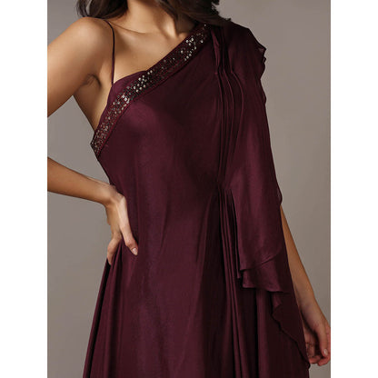 "Two Sisters" by Gyans Wine One Shoulder Drape Gown