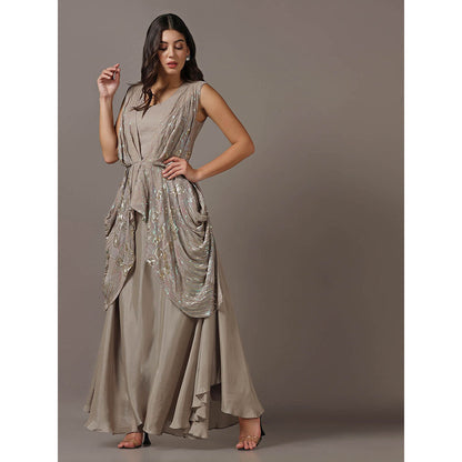 "Two Sisters" by Gyans Grey Sequins Drape Gown