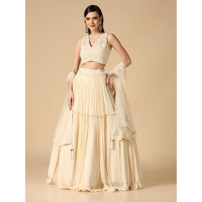 "Two Sisters" by Gyans Cream Pearl Hand Embroidered Lehenga with Blouse and Dupatta (Set of 3)