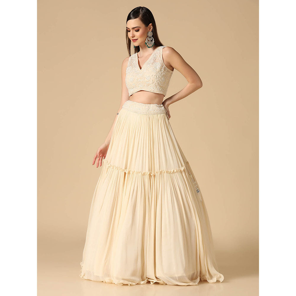 "Two Sisters" by Gyans Cream Pearl Hand Embroidered Lehenga with Blouse and Dupatta (Set of 3)