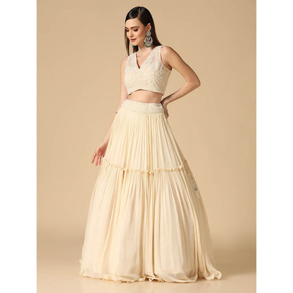 "Two Sisters" by Gyans Cream Pearl Hand Embroidered Lehenga with Blouse and Dupatta (Set of 3)