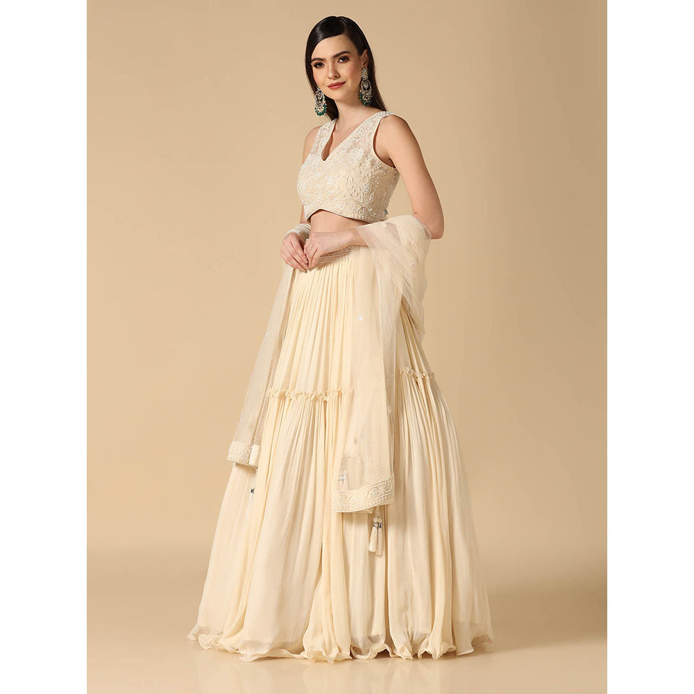 "Two Sisters" by Gyans Cream Pearl Hand Embroidered Lehenga with Blouse and Dupatta (Set of 3)