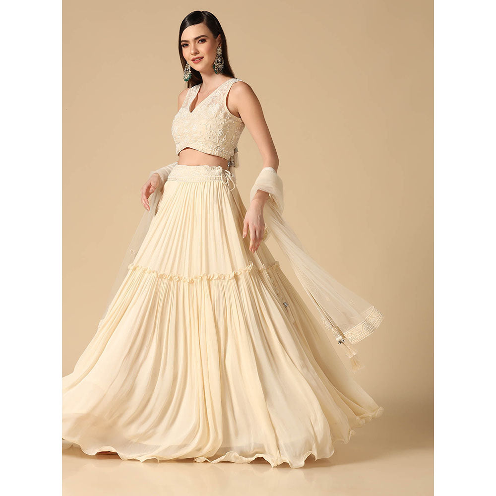 "Two Sisters" by Gyans Cream Pearl Hand Embroidered Lehenga with Blouse and Dupatta (Set of 3)